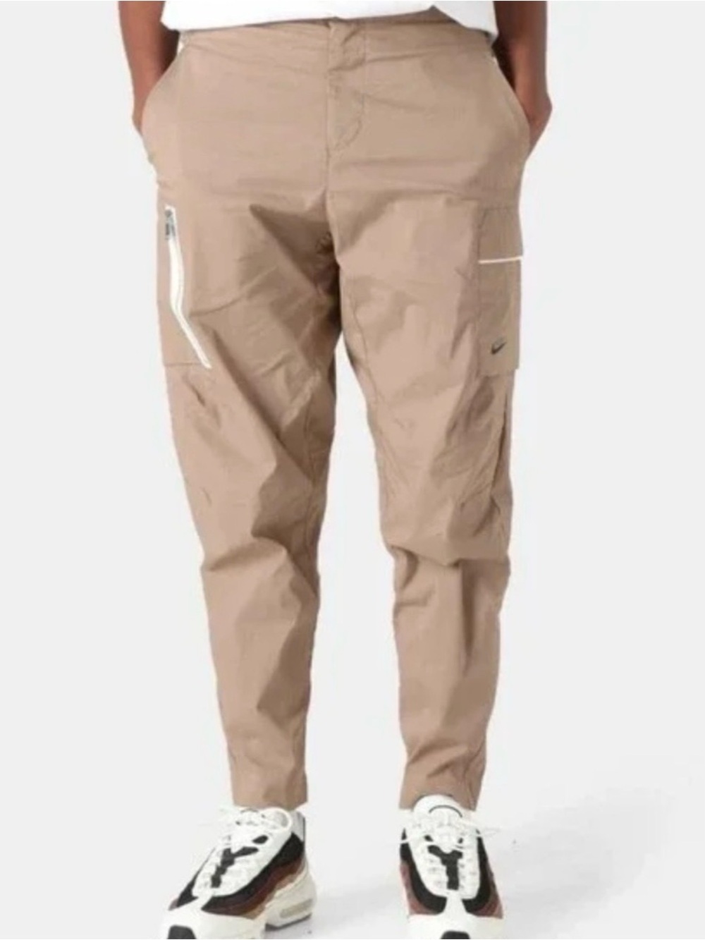 Nike Men's Cargo Pants in Khaki Tan with White Zippers